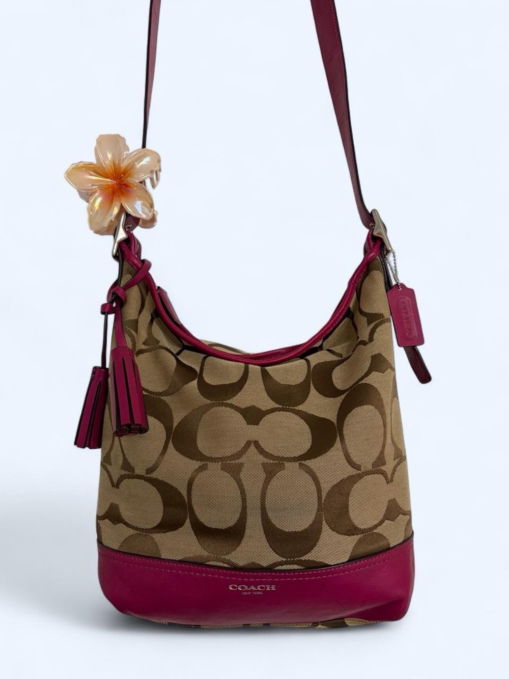 Coach Legacy Khaki Signature Canvas Shoulder Bag with Berry Trim